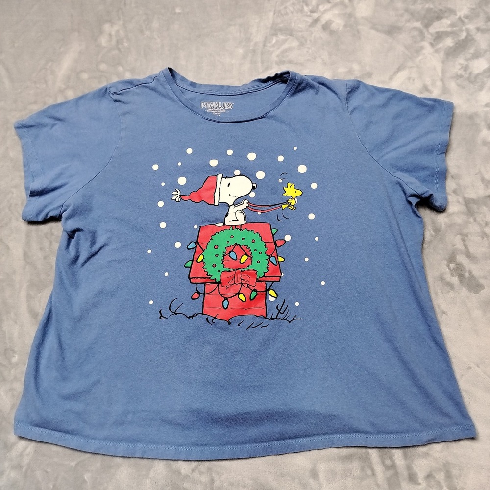 Peanuts Shirt Womens 2X Blue Snoopy Woodstock Christmas Graphic Tee